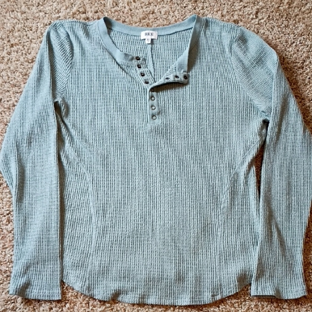 BKE Sage Green Waffle Henley Long Sleeve Shirt